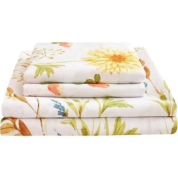 Yellow Floral Printed Sheet Set Queen Size, 4 Piece Soft Botanical Spring Sheets - Picture 7 of 7